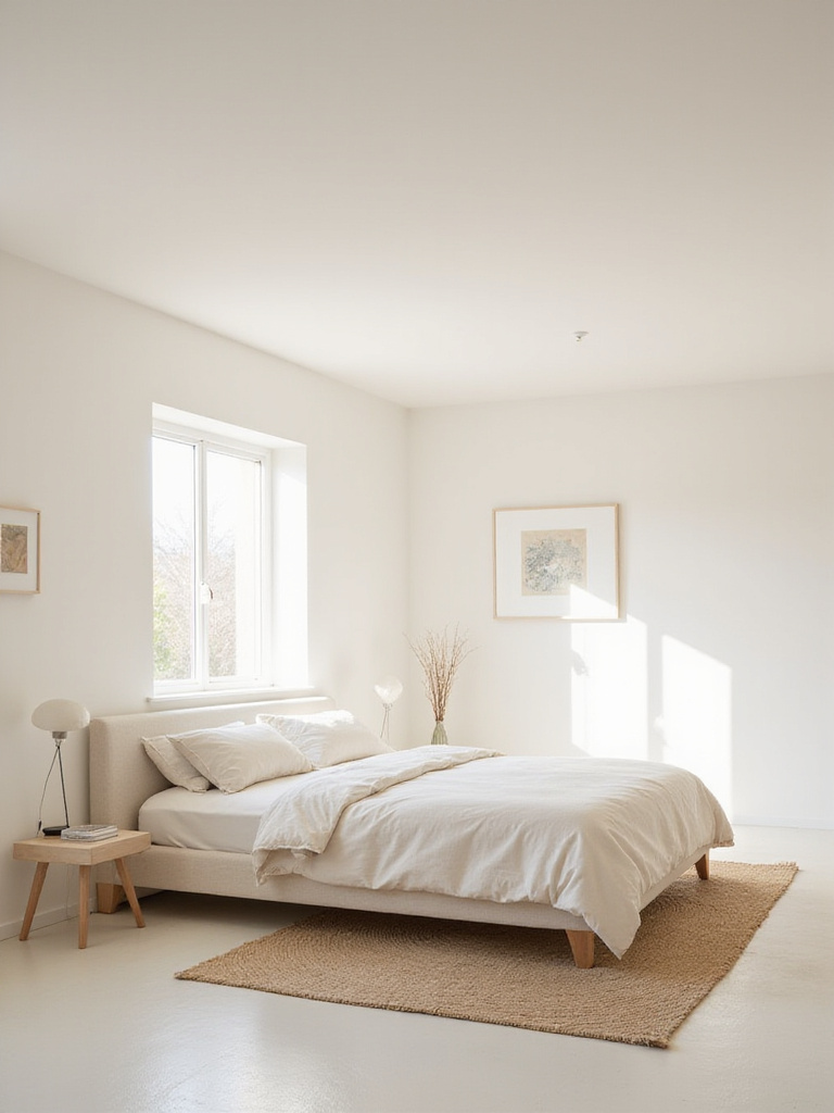 Minimalist bedroom with platform bed, linen bedding, and natural light.