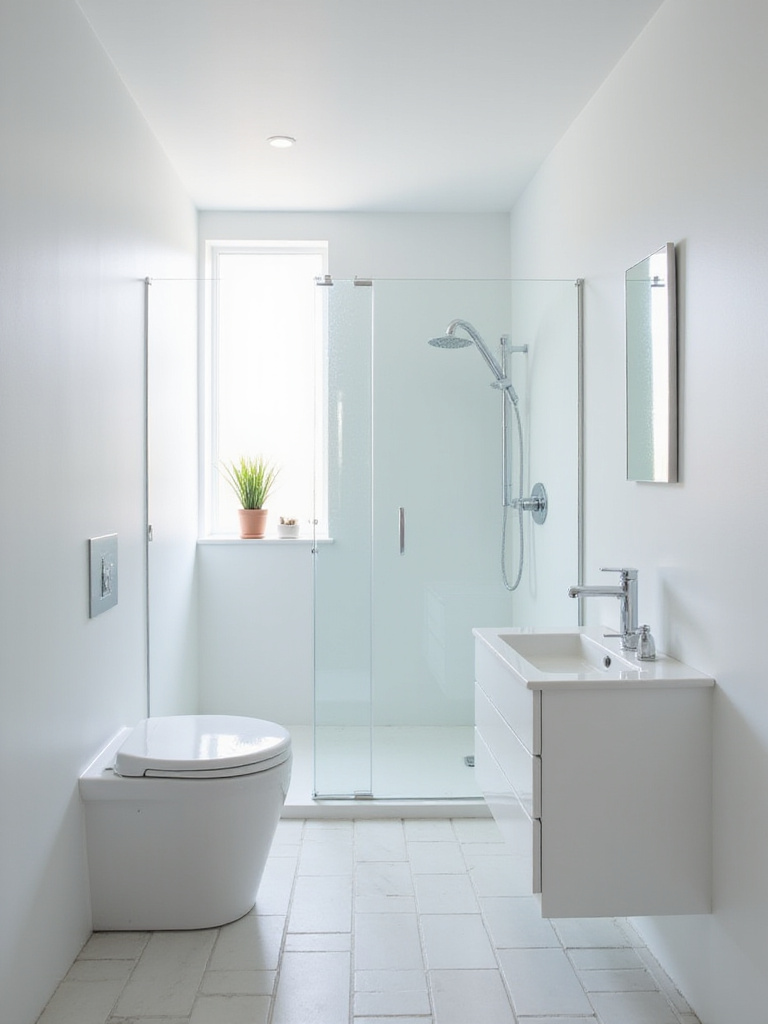 Minimalist small bathroom interior design with white walls, floating vanity, and frameless shower enclosure.