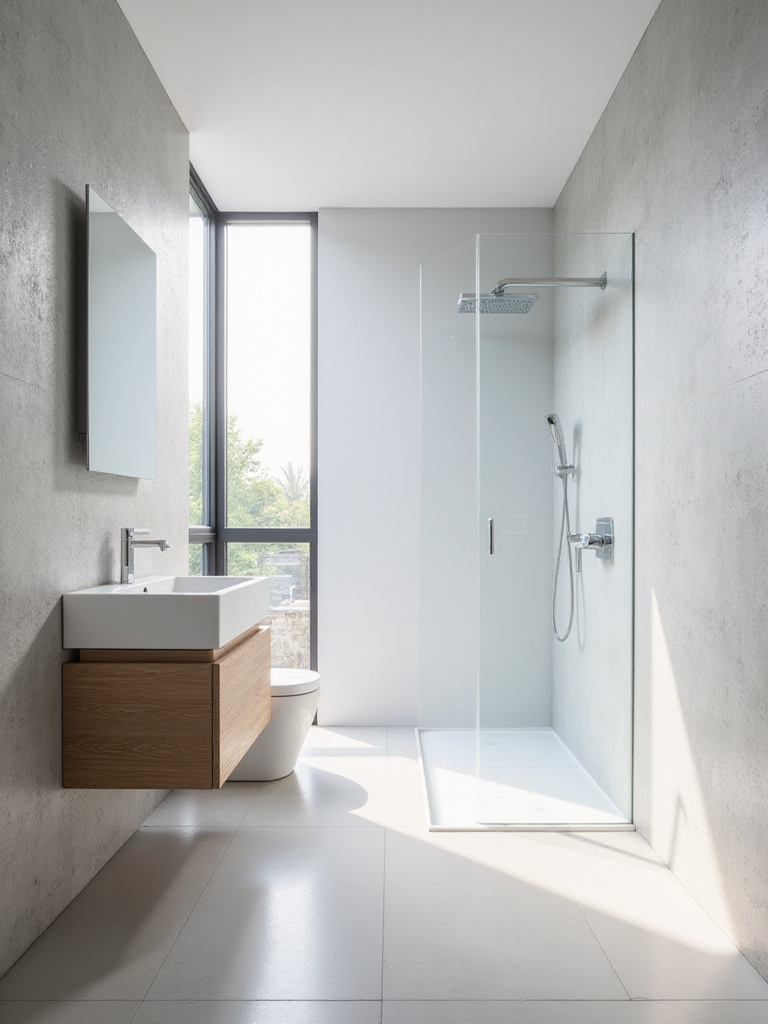 Minimalist bathroom design with clean lines, floating vanity, and frameless shower.