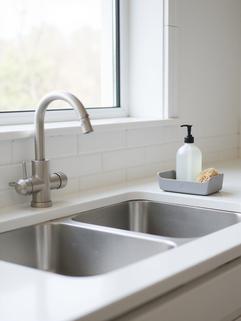 Minimalist kitchen sink with a small gray caddy holding dish soap and a sponge, promoting a clutter-free countertop.