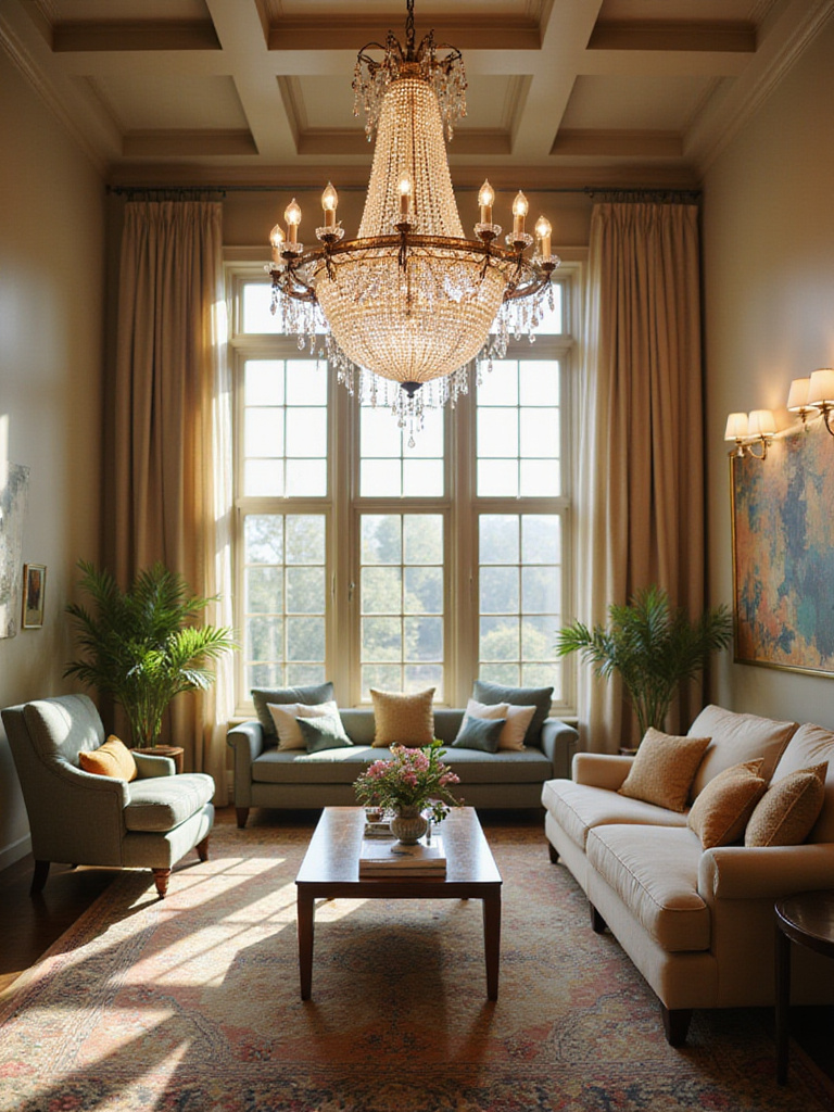 Luxurious living room with a crystal chandelier focal point.