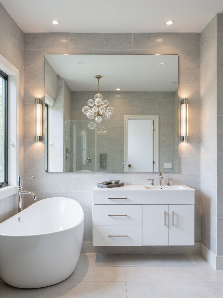 Modern bathroom with statement lighting fixtures including LED sconces and a glass orb chandelier.
