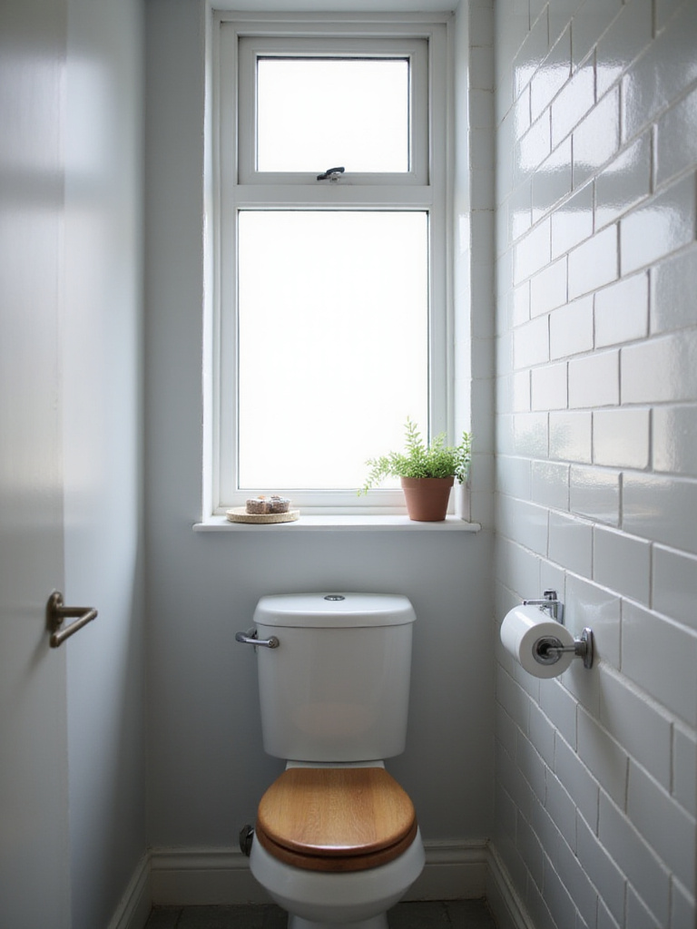 Small bathroom interior with frosted glass awning window bringing in natural light.