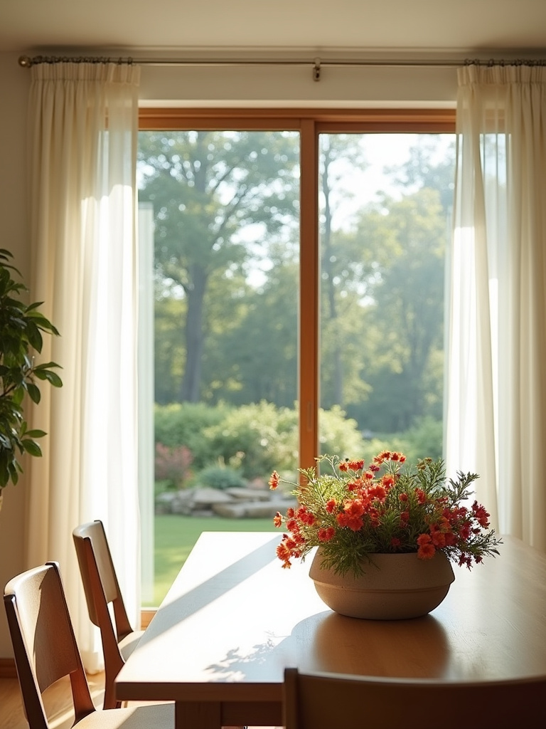 Modern dining room with abundant natural light streaming through a large window.