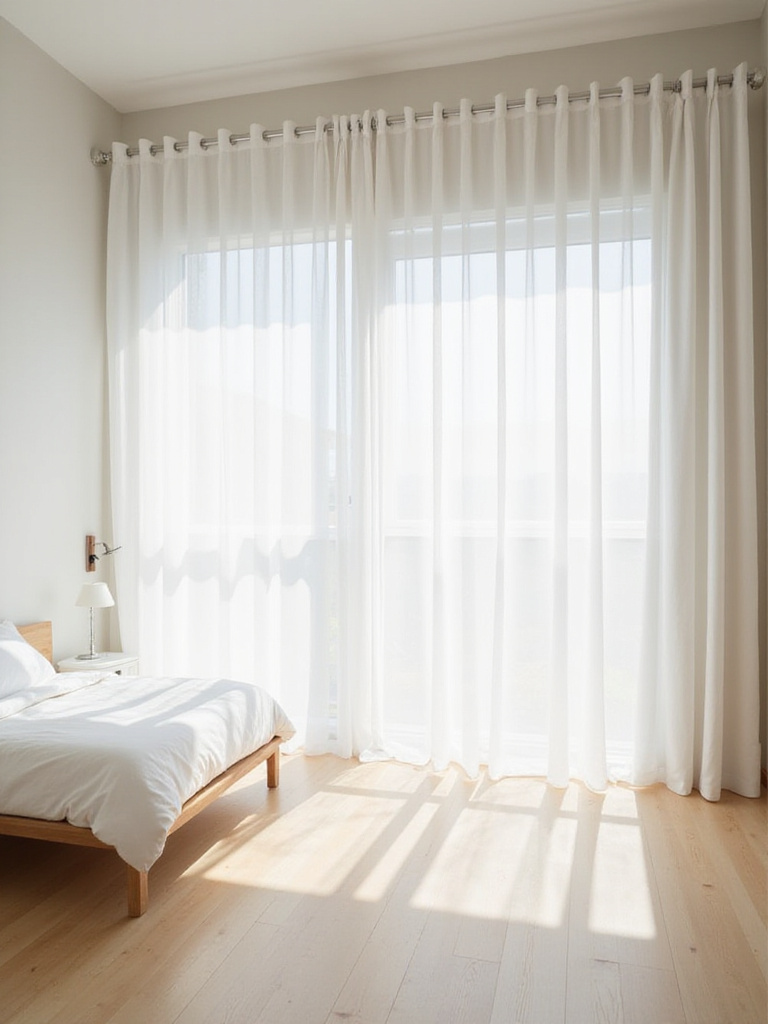 Small bedroom with sheer white curtains allowing soft natural light to fill the space.
