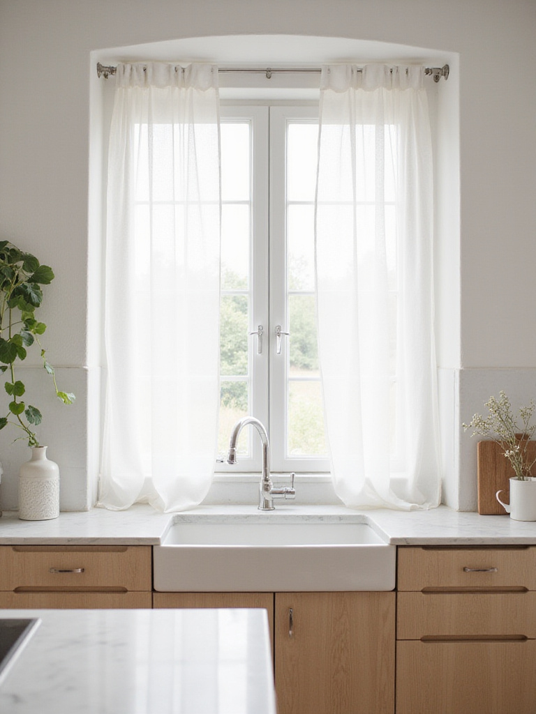 Bright Scandinavian kitchen with sheer white curtains maximizing natural light