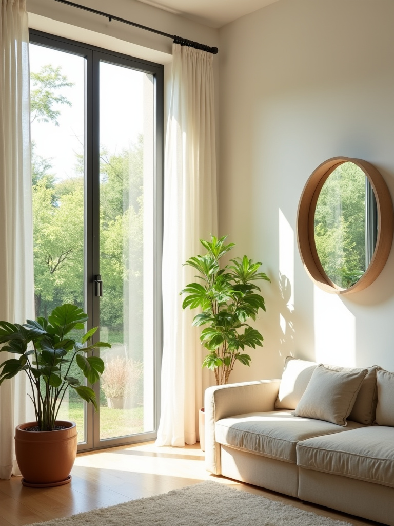Bright and airy living room filled with natural light from large windows, featuring sheer curtains, a large round mirror, and light-colored furniture.