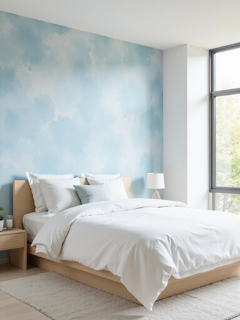 Serene modern bedroom with light blue pastel watercolor wallpaper accent wall