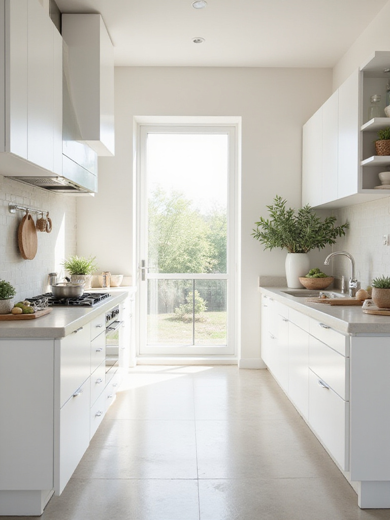 Bright white kitchen cabinets reflecting natural light from a large window, creating a luminous and airy space.
