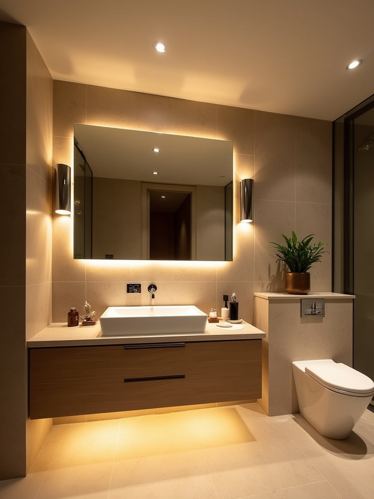Modern bathroom with layered lighting including recessed lights, sconces, and LED strip lighting.