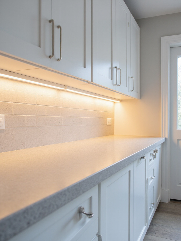 Modern kitchen with white cabinets and warm LED under-cabinet lighting.