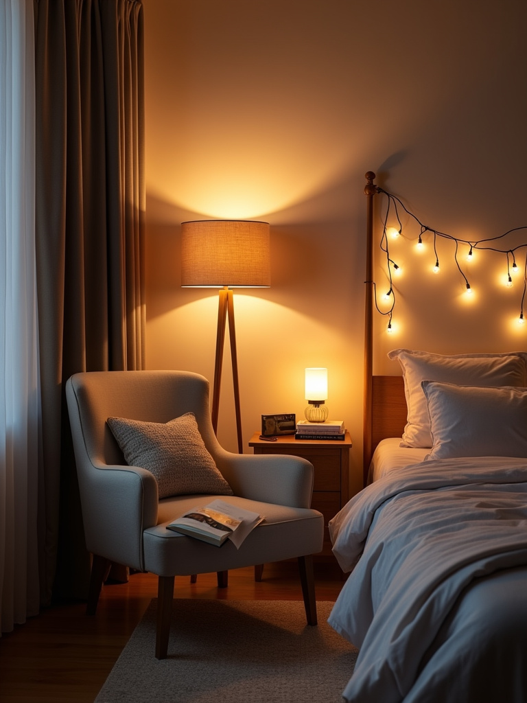 Apartment bedroom with layered lighting including floor lamp, string lights, and table lamp.