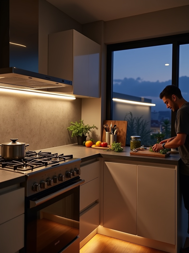 Modern kitchen with under-cabinet lighting illuminating countertops for efficient food preparation.