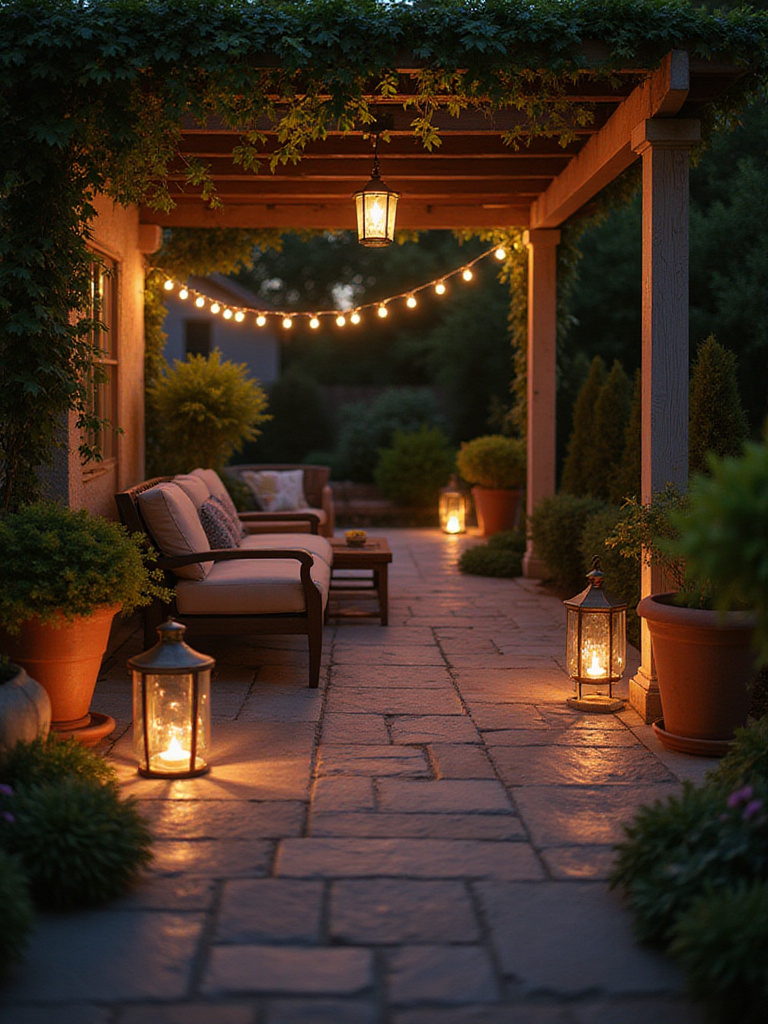 Elegant patio at dusk illuminated by various lanterns.