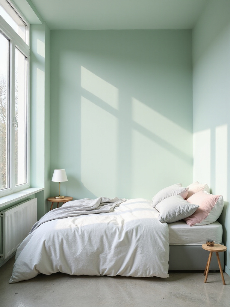 Small bedroom with light green walls and white bedding, creating a spacious and airy feel.