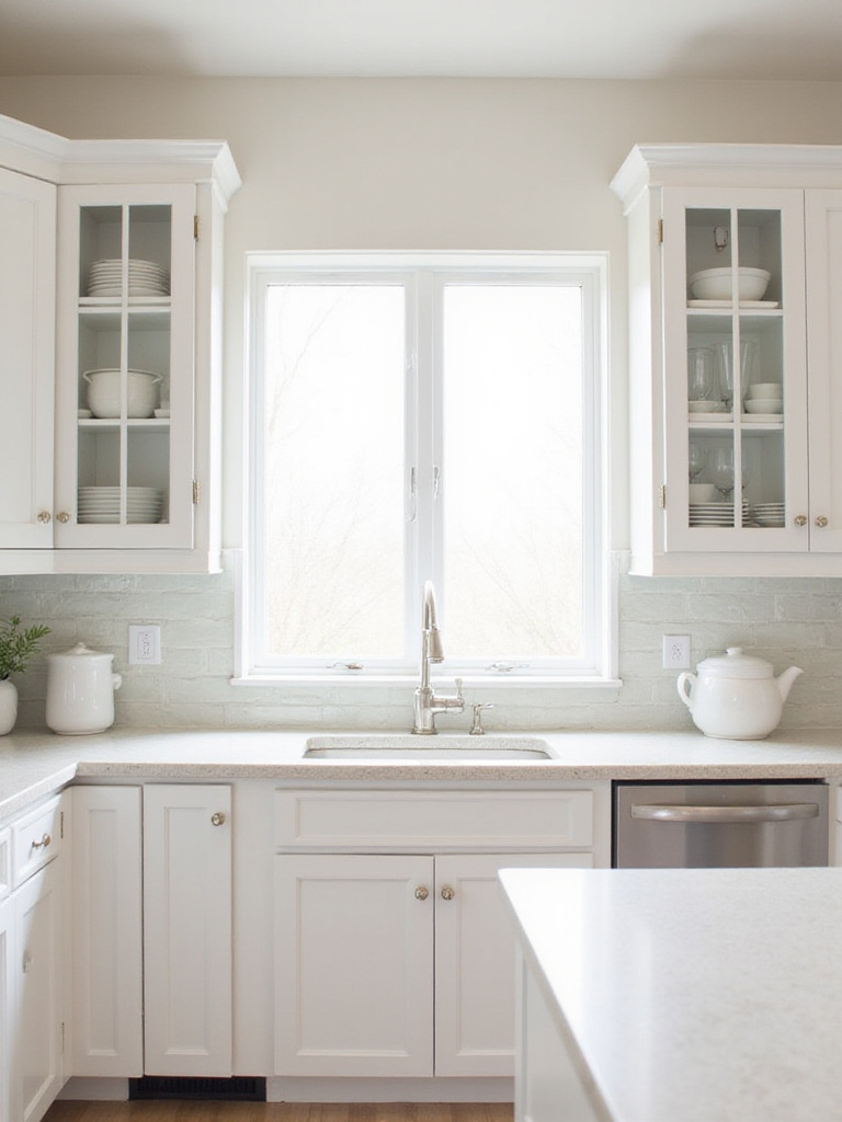Bright and airy kitchen with white cabinets and glass door accents