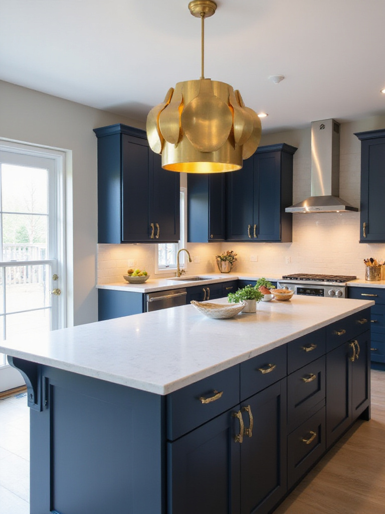 Modern kitchen with a statement gold pendant light fixture over a navy blue island.