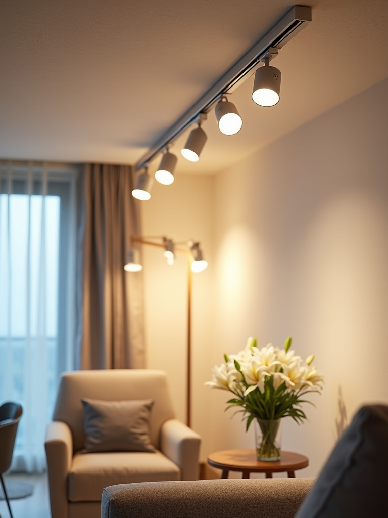 Modern living room featuring adjustable track lighting.