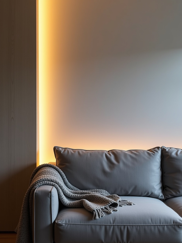 Living room with uplighting behind sofa, creating a warm and inviting atmosphere