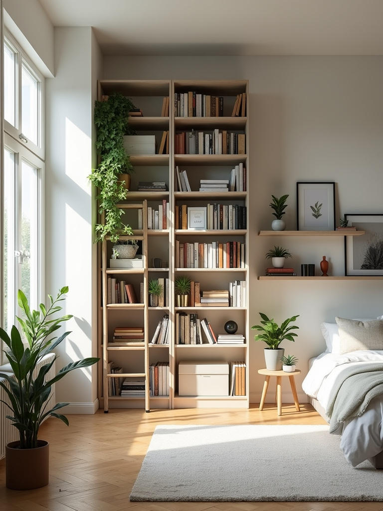 Apartment bedroom with floor-to-ceiling bookshelf and floating shelves for vertical storage.