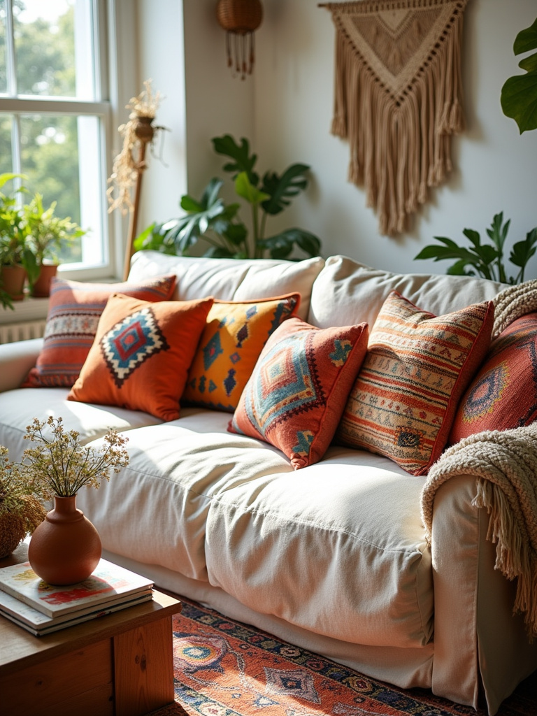 Boho living room with a comfortable low-slung sofa, colorful pillows, and natural textures.