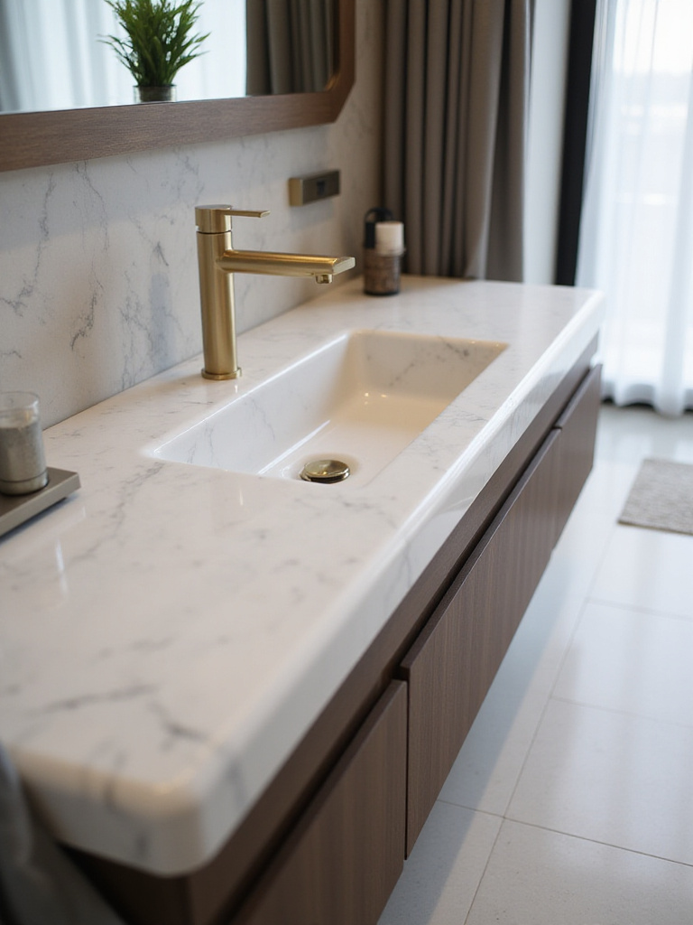 Luxurious bathroom with white marble countertop and floating vanity.
