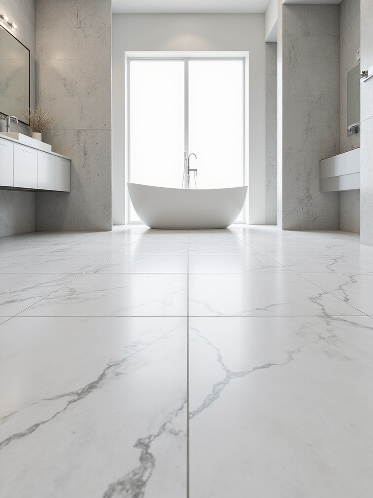 Modern bathroom featuring luxurious marble-look porcelain tile flooring.