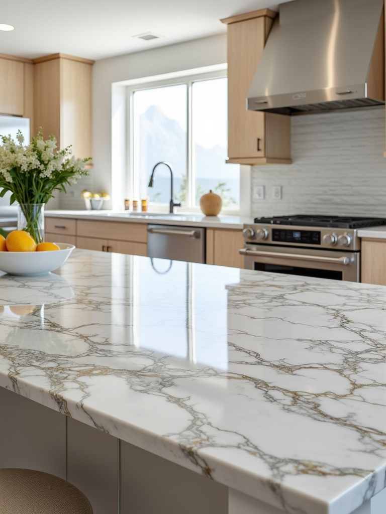 Luxurious kitchen island with Calacatta marble countertop featuring bold grey and gold veining.