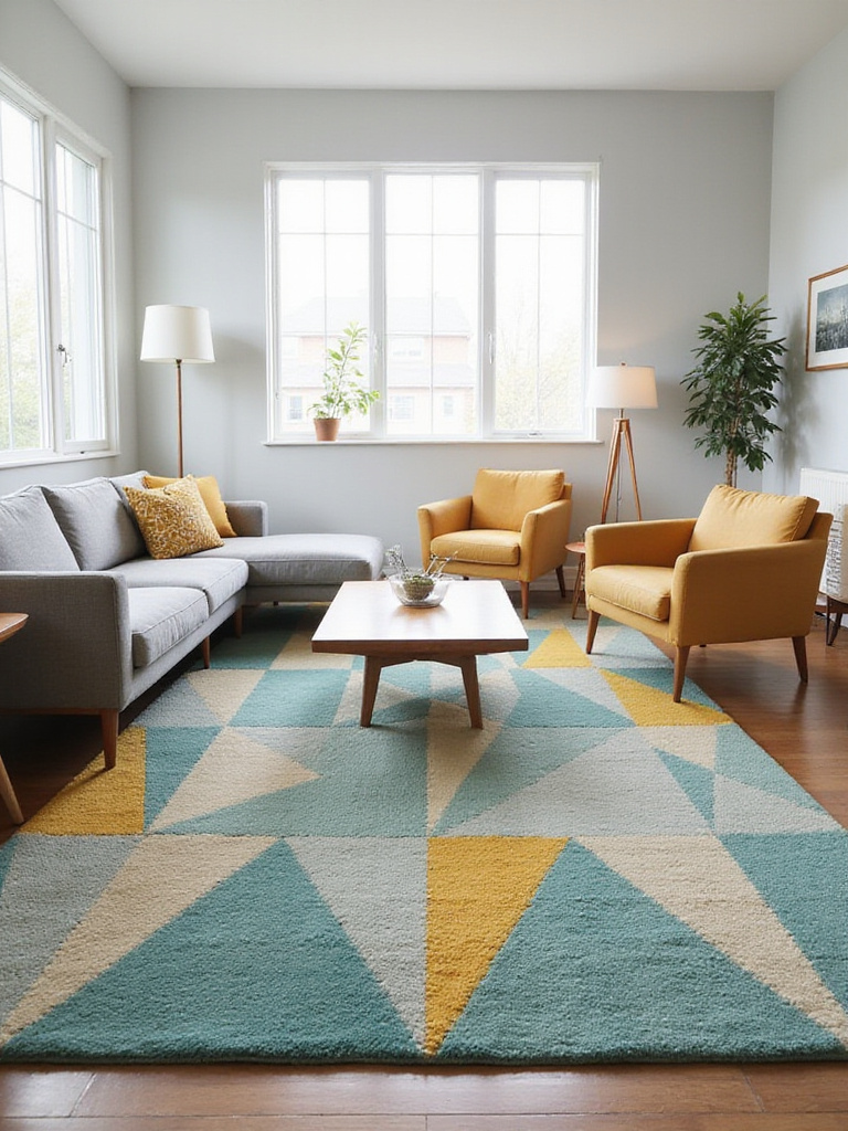 Modern living room with geometric rug in teal, mustard yellow, and grey.