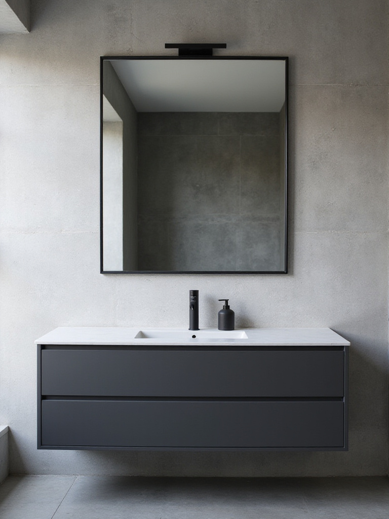 Modern bathroom with dark grey vanity and thick framed black metal mirror