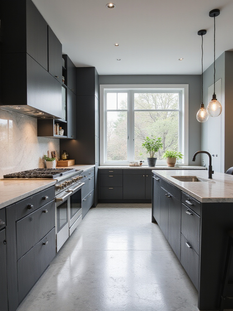 Modern monochromatic grey kitchen with charcoal cabinets and stainless steel appliances.