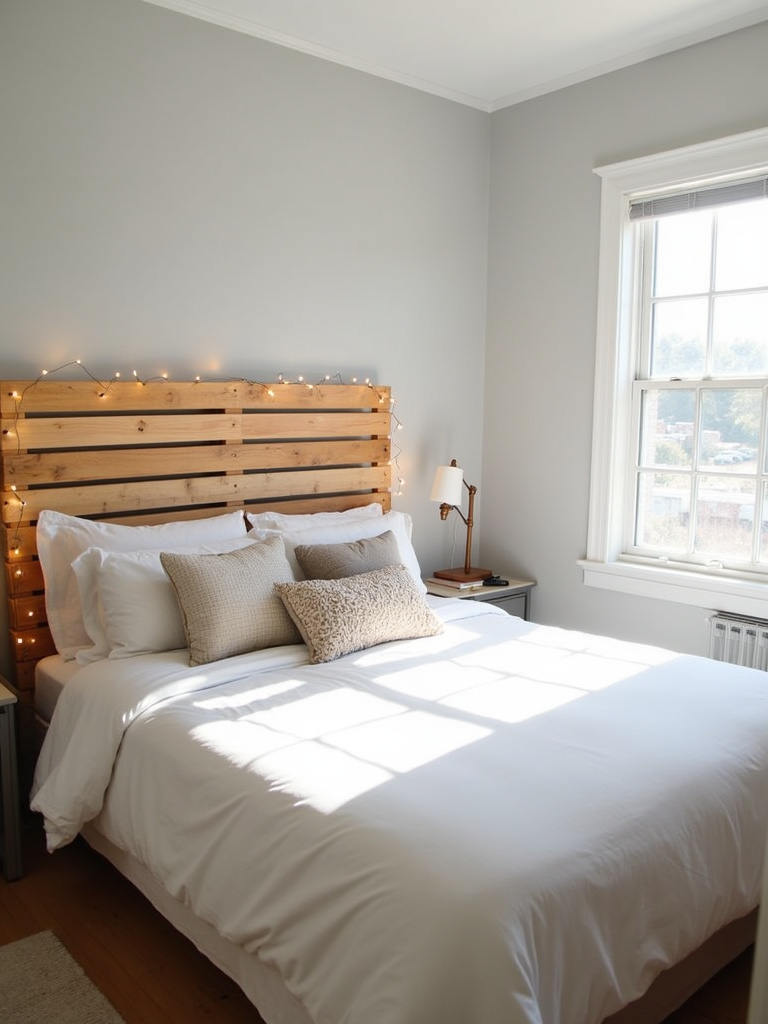 Apartment bedroom with DIY pallet headboard and white linen bedding.