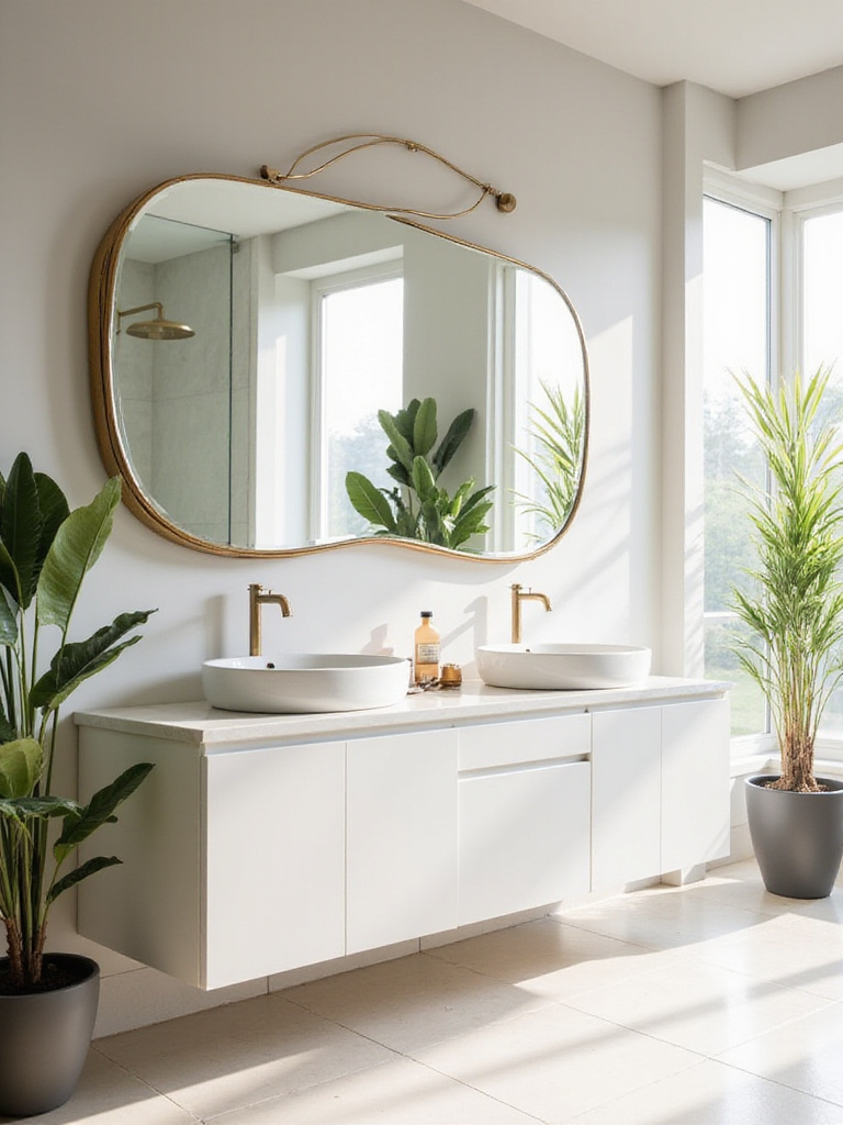 Modern bathroom with oversized, uniquely shaped gold-framed mirror above double vanity.
