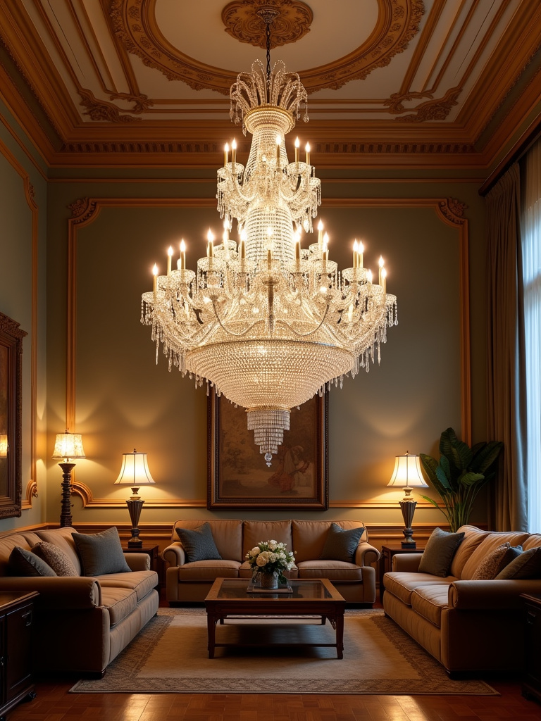 Luxurious living room featuring a dazzling multi-tiered crystal chandelier
