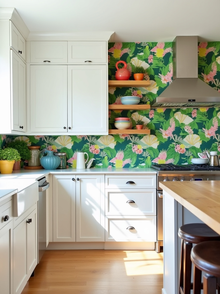 Kitchen with white cabinets and a bold tropical print wallpaper accent wall.