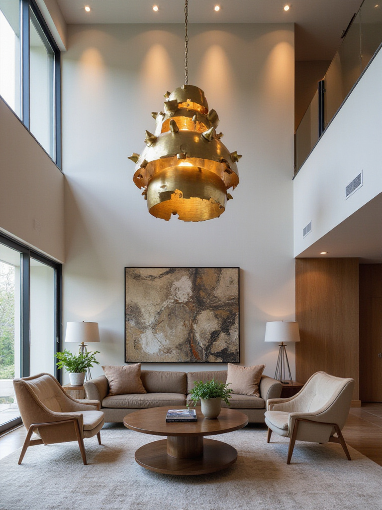 Modern living room with a sculptural brass chandelier.