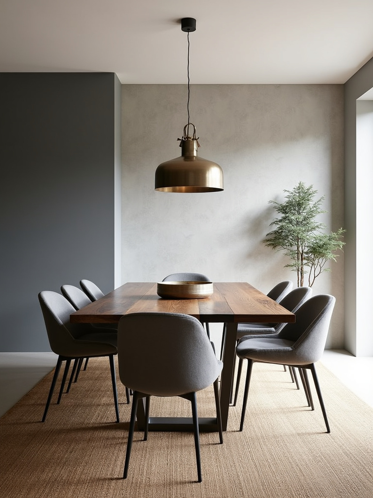 Modern dining room with reclaimed wood table, metal and linen chairs, jute rug, and textured wallpaper showcasing material mixology.