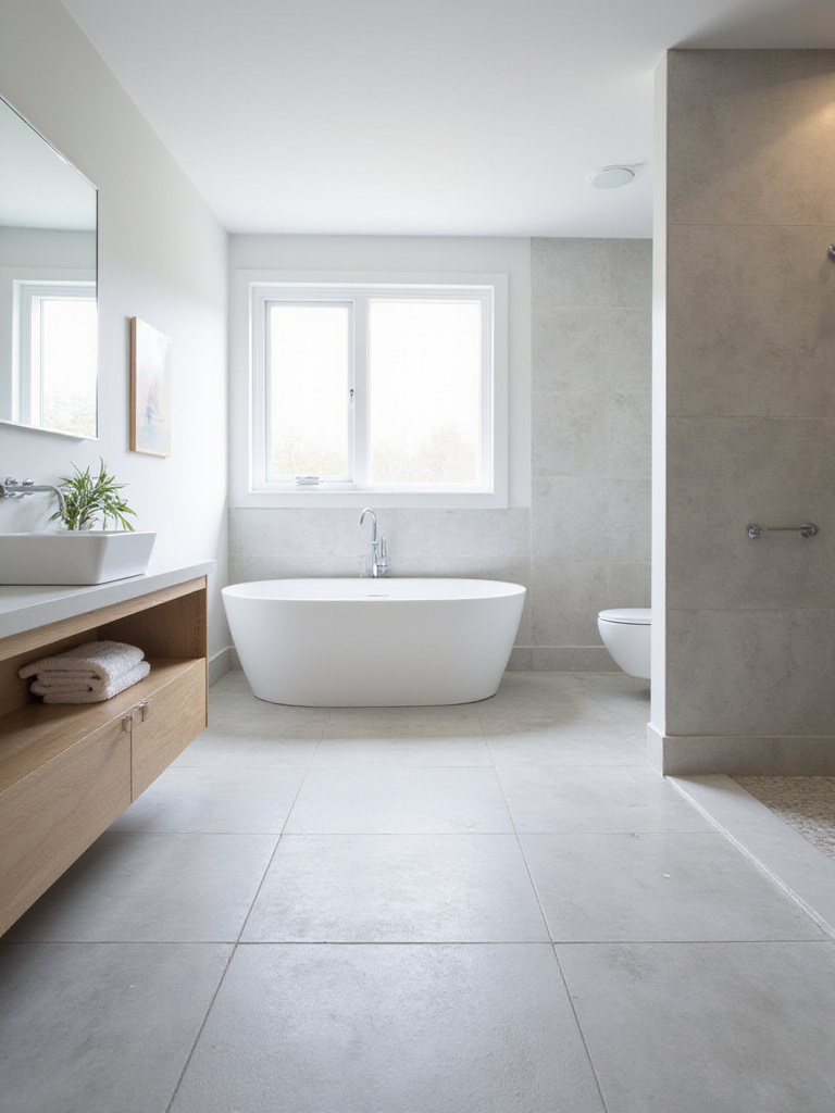 Modern bathroom with light gray matte floor tiles and freestanding bathtub.