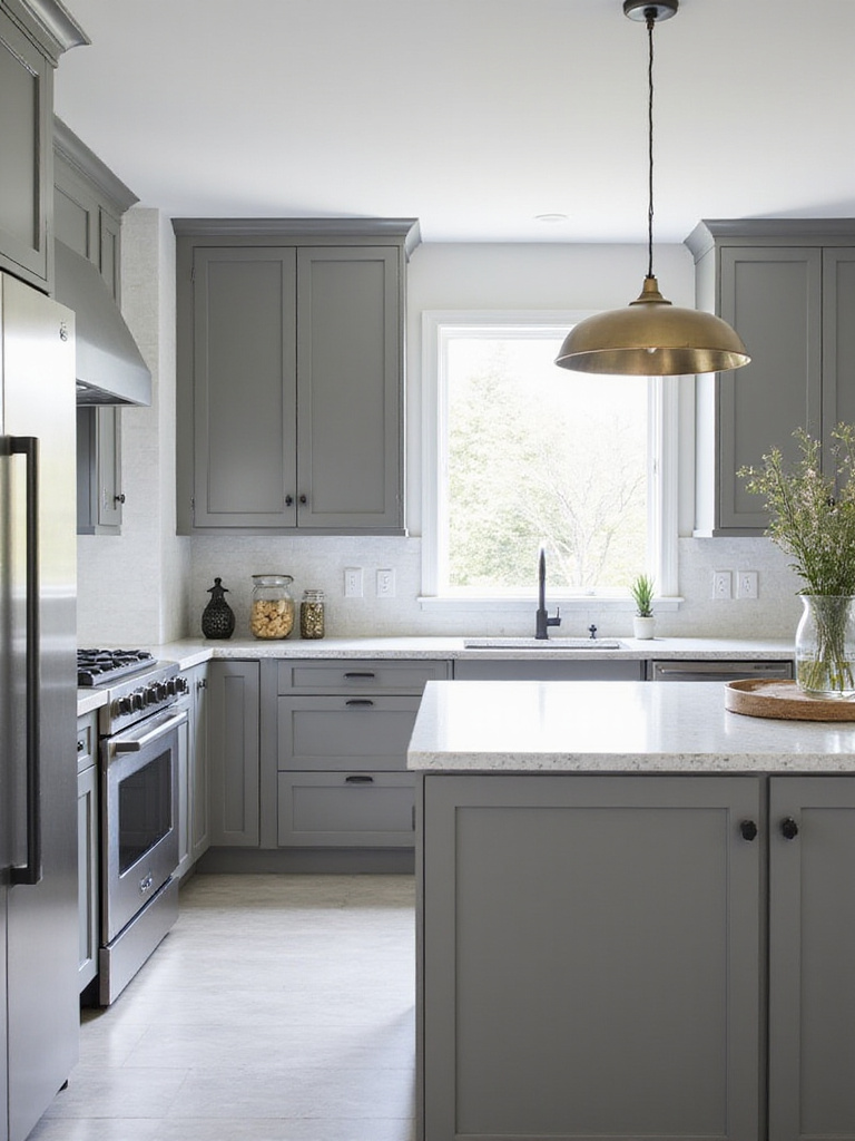 Modern kitchen with matte gray cabinets and quartz countertops