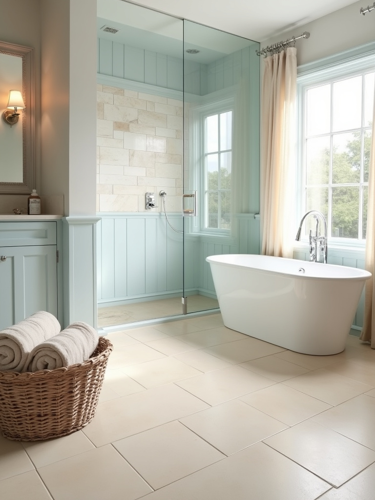 Coastal bathroom design with matte finish tiles creating a relaxed and understated aesthetic.