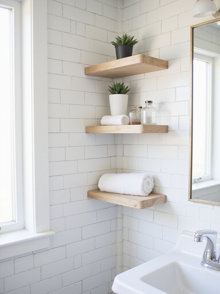 Small bathroom corner shelves holding towels and plants, maximizing space and style.