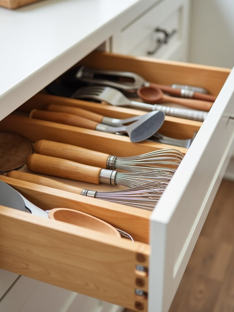 Kitchen drawer organized with bamboo dividers, showing various utensils neatly separated.