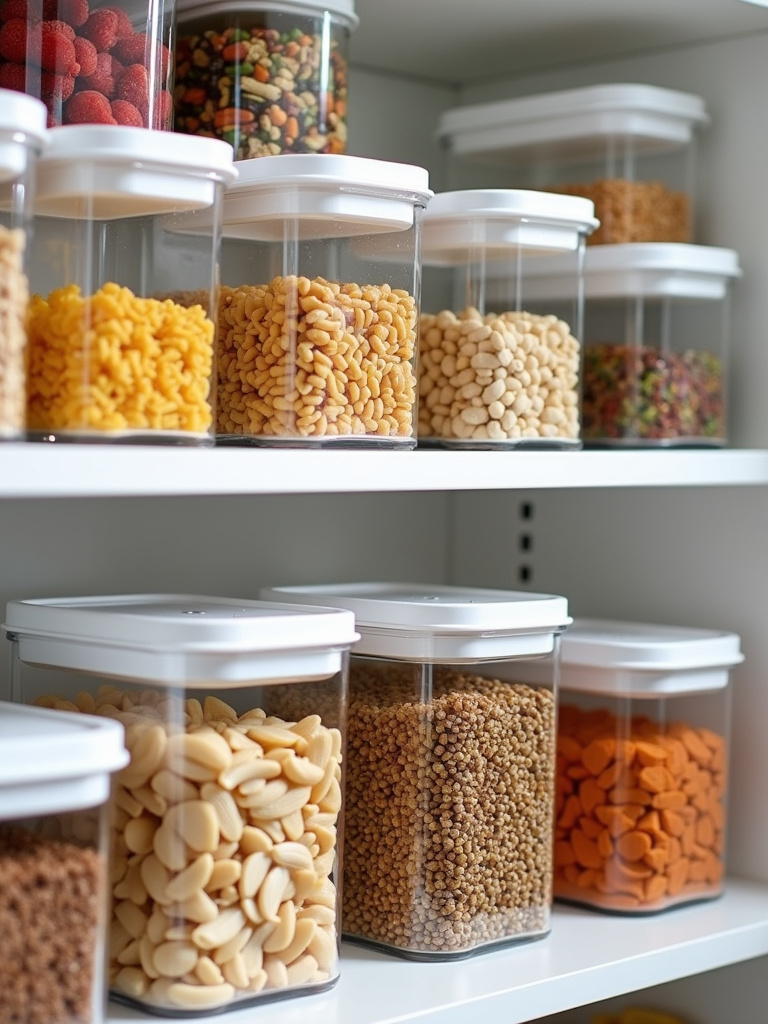 Organized pantry with clear airtight food containers filled with various food items.