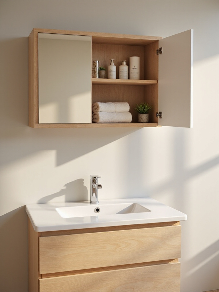 Bathroom with sliding mirror revealing hidden storage shelves.
