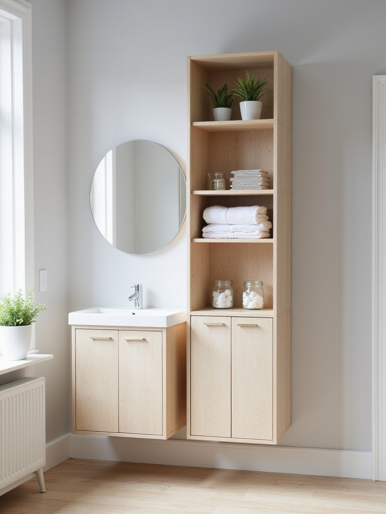 Modern bathroom featuring a tall, light wood linen cabinet for vertical storage.