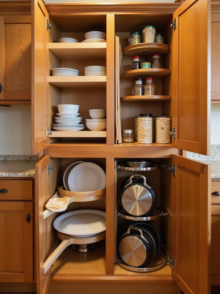 Well-organized kitchen cabinet with pull-out shelves, lazy Susan, and door racks.