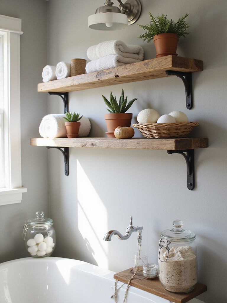 Rustic bathroom shelves made from reclaimed wood, styled with towels, plants, and bath accessories.