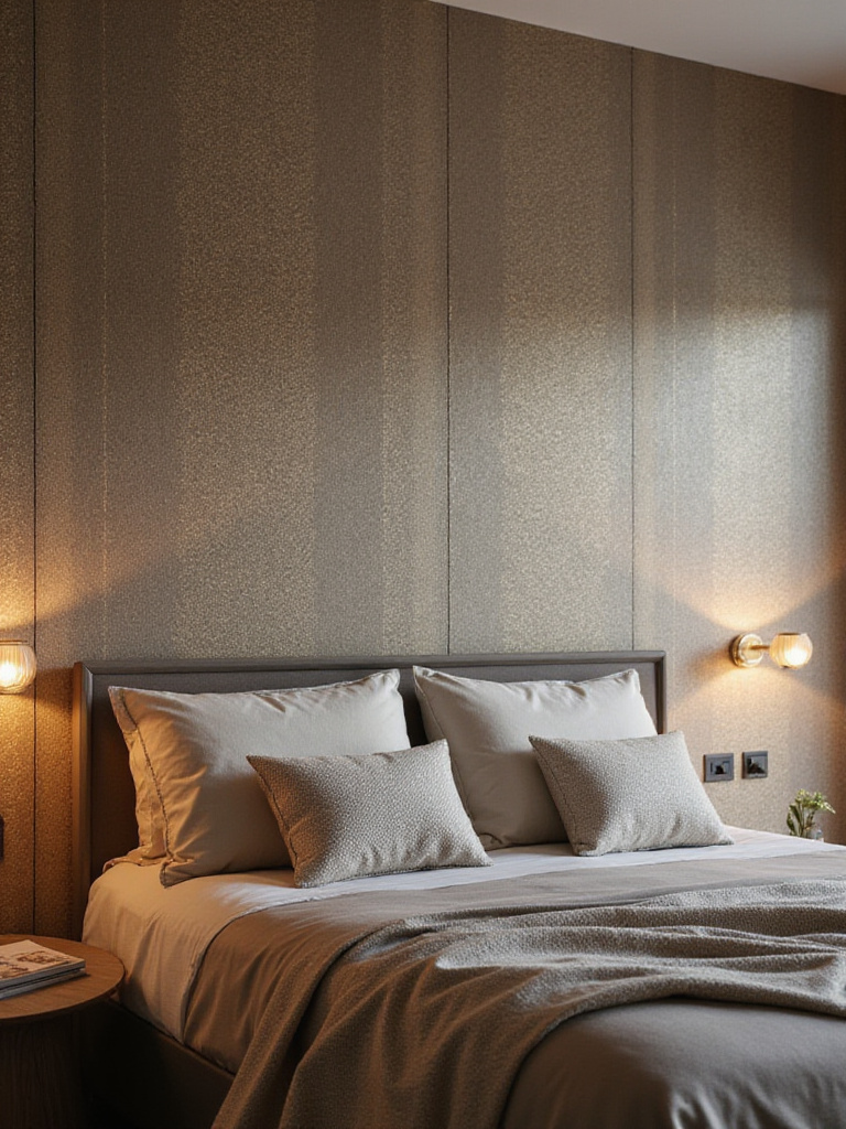 Modern bedroom with textured wallpaper featuring subtle gold metallic accents, creating a luxurious and calming atmosphere.