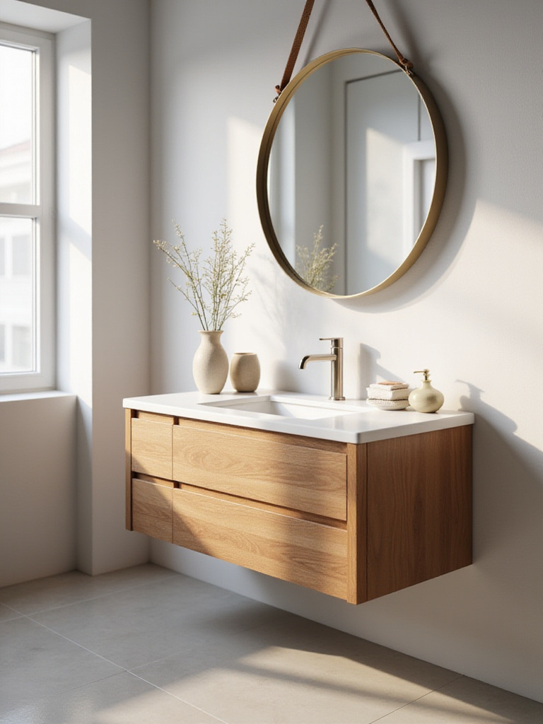 Modern bathroom with brushed nickel fixtures, a brass-framed mirror, and a floating wooden vanity.