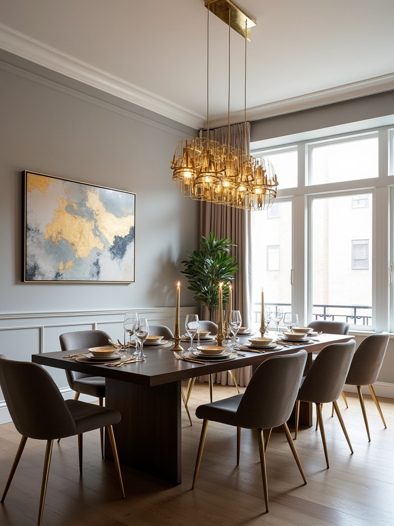 Modern dining room with gold chandelier, brass accents, and dark wood dining table.
